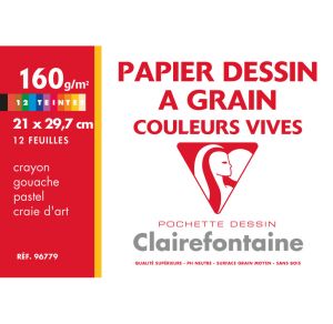 Pochette Papier Dessin Clairefontaine - couleurs vives - A4 - 12 feuilles - 160g