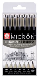 Feutres Pigma Micron Sakura - étui de 6 pointes calibrées + 1 pointe pinceau offert