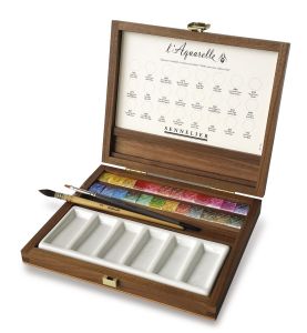 Coffret Aquarelle en Noyer "L'aquarelle Sennelier" - 24 demi-godets + 2 pinceaux